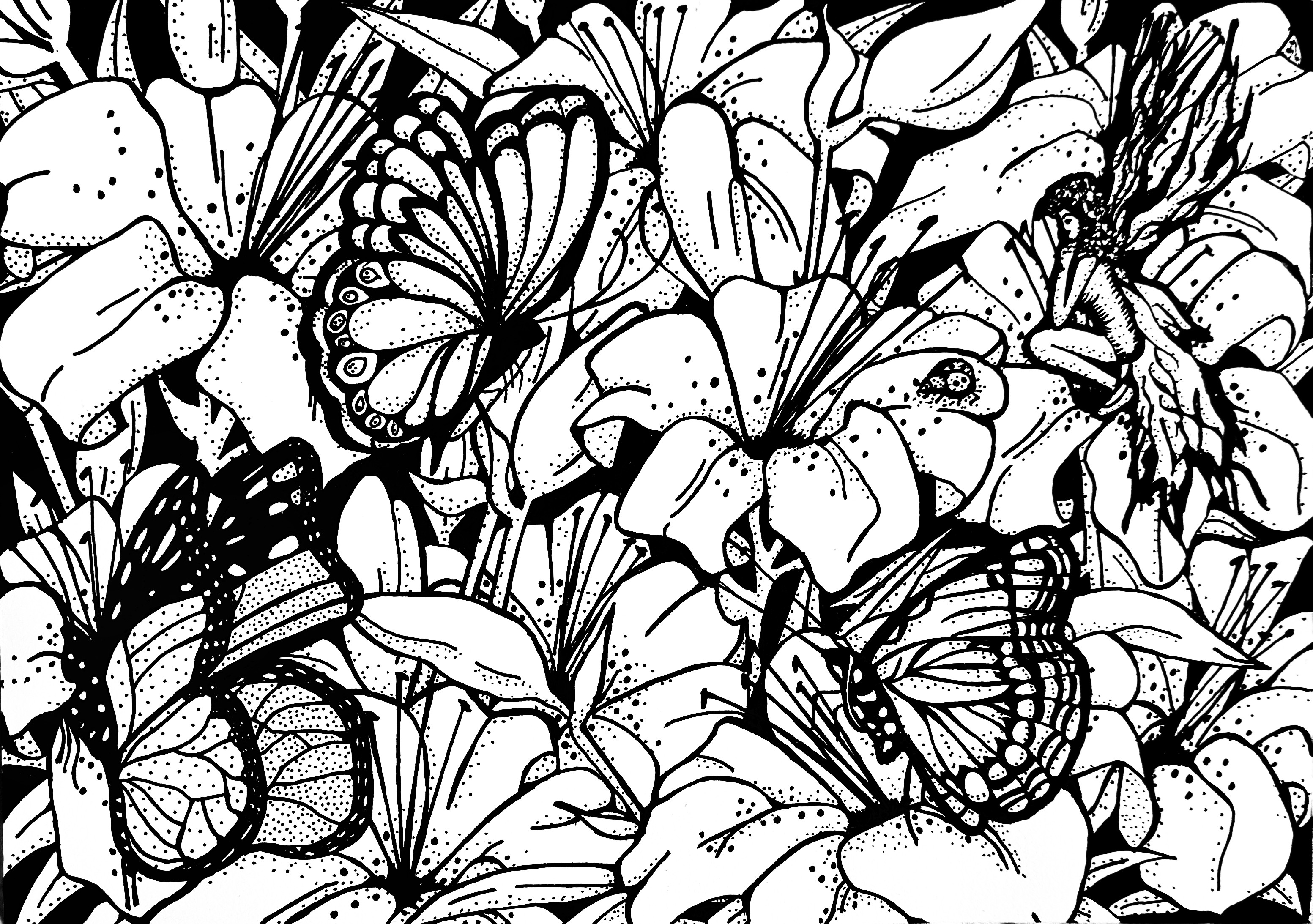 Flowers and fairy ink drawing