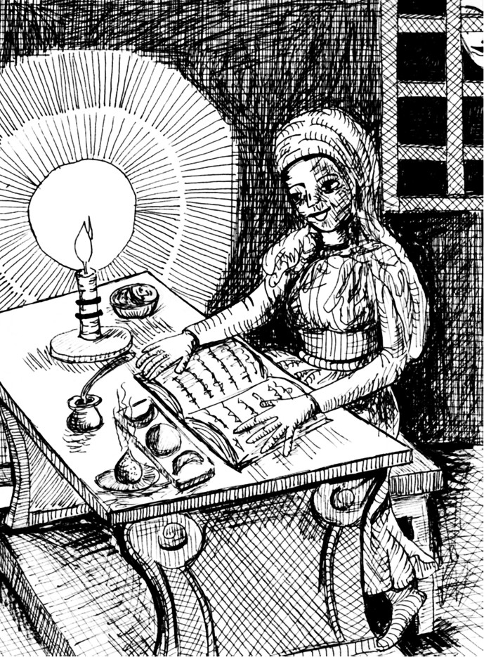 Full Moon Apothecary — ink drawn illustration of a medieval apothecary by candlelight