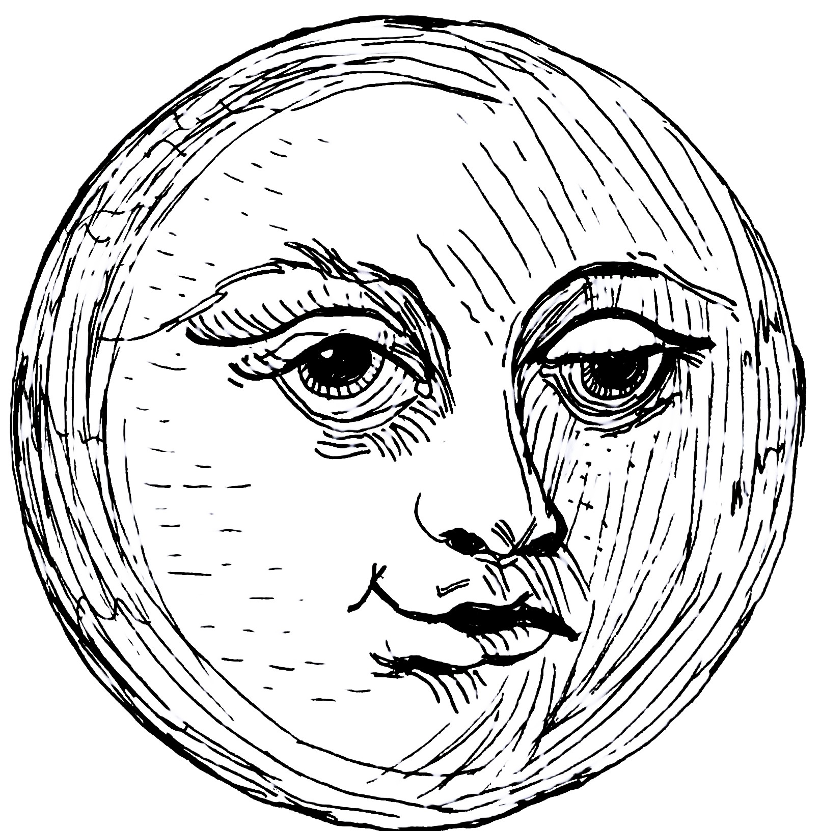 Ink illustration of a moon face with expressive eyes and mouth